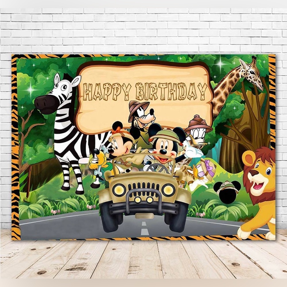 Mickey & Friends Happy Birthday Safari Backdrop, 5 x 7,  Jungle Safari Photo